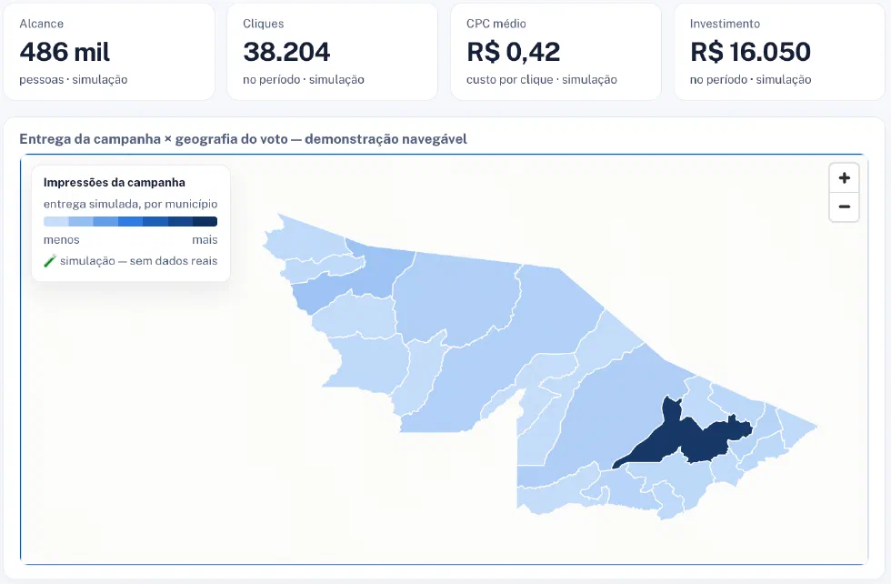 Amostra do painel de entrega da campanha com indicadores e mapa eleitoral do Acre