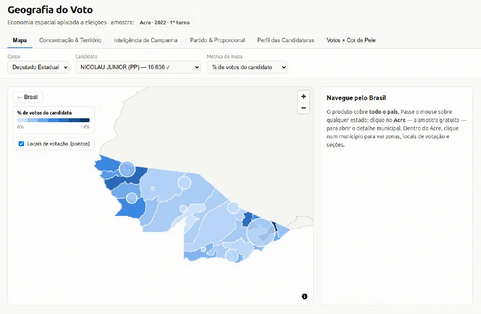 Amostra do painel Geografia do Voto com mapa eleitoral do Acre