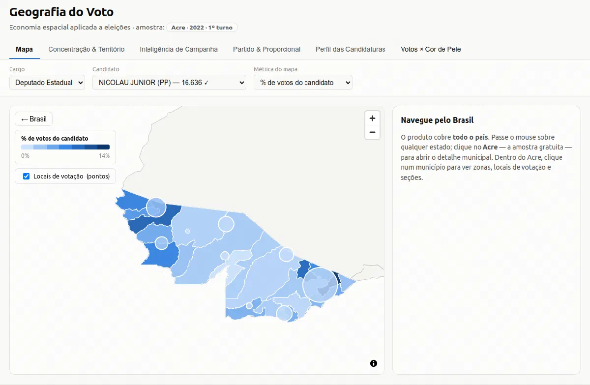 Dashboard interativo mostrando o mapa de votação por município no Acre, com filtro por cargo, candidato e métrica